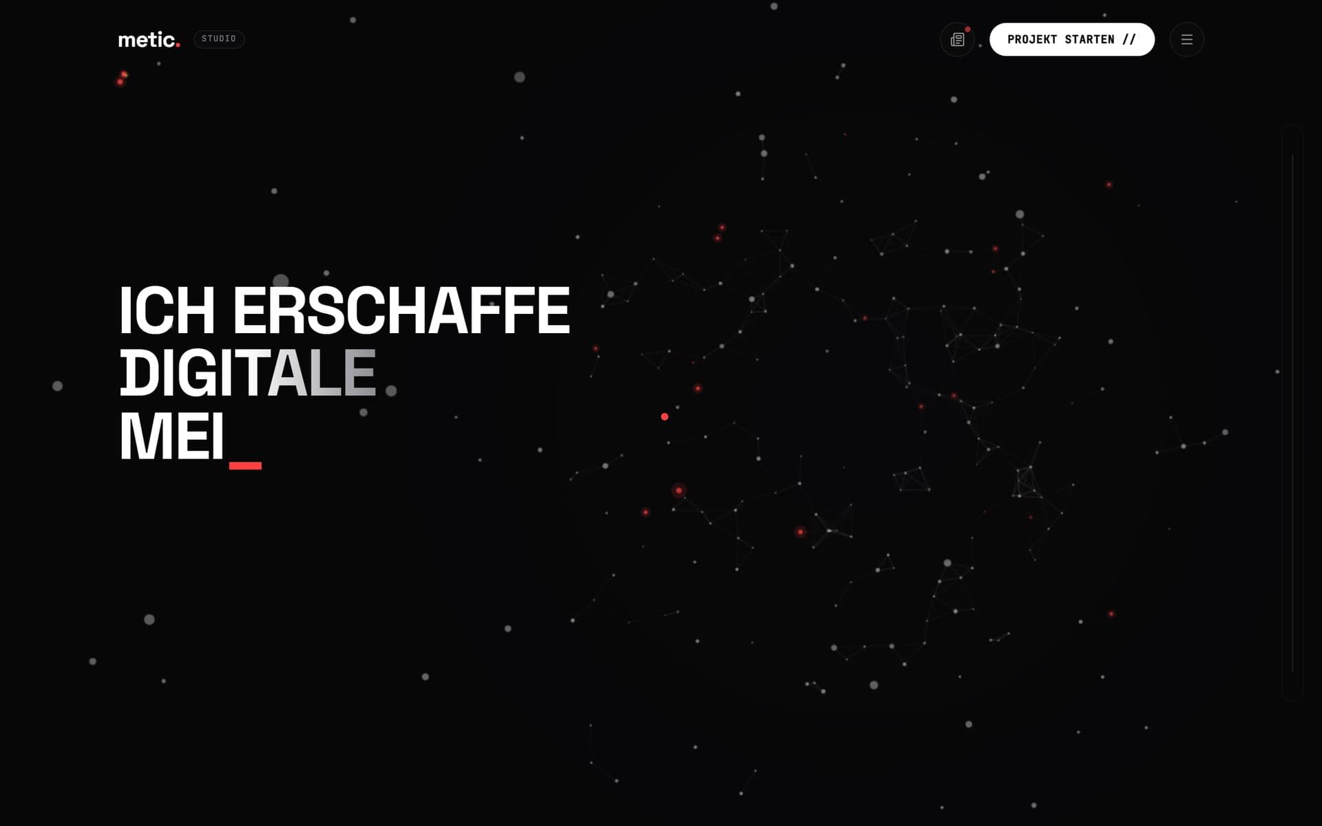 Die erste metic.-Seite: weiße Schrift „Ich erschaffe digitale Mei…“ in einem dunklen Partikelfeld.