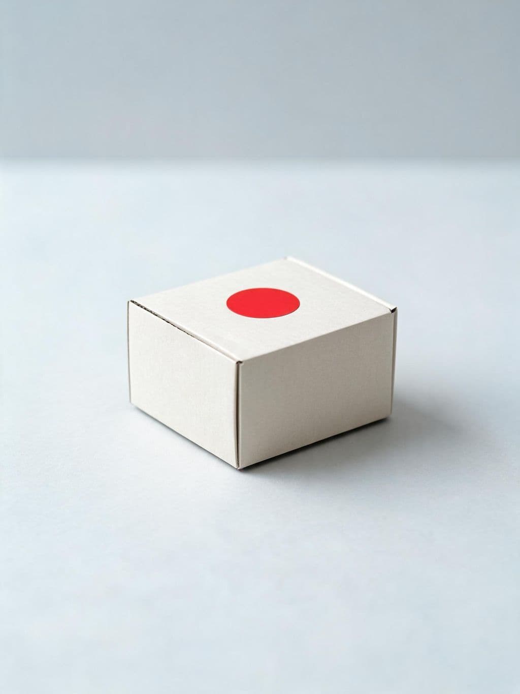 Eine kleine helle Versandschachtel mit rotem Punkt auf dem Deckel.