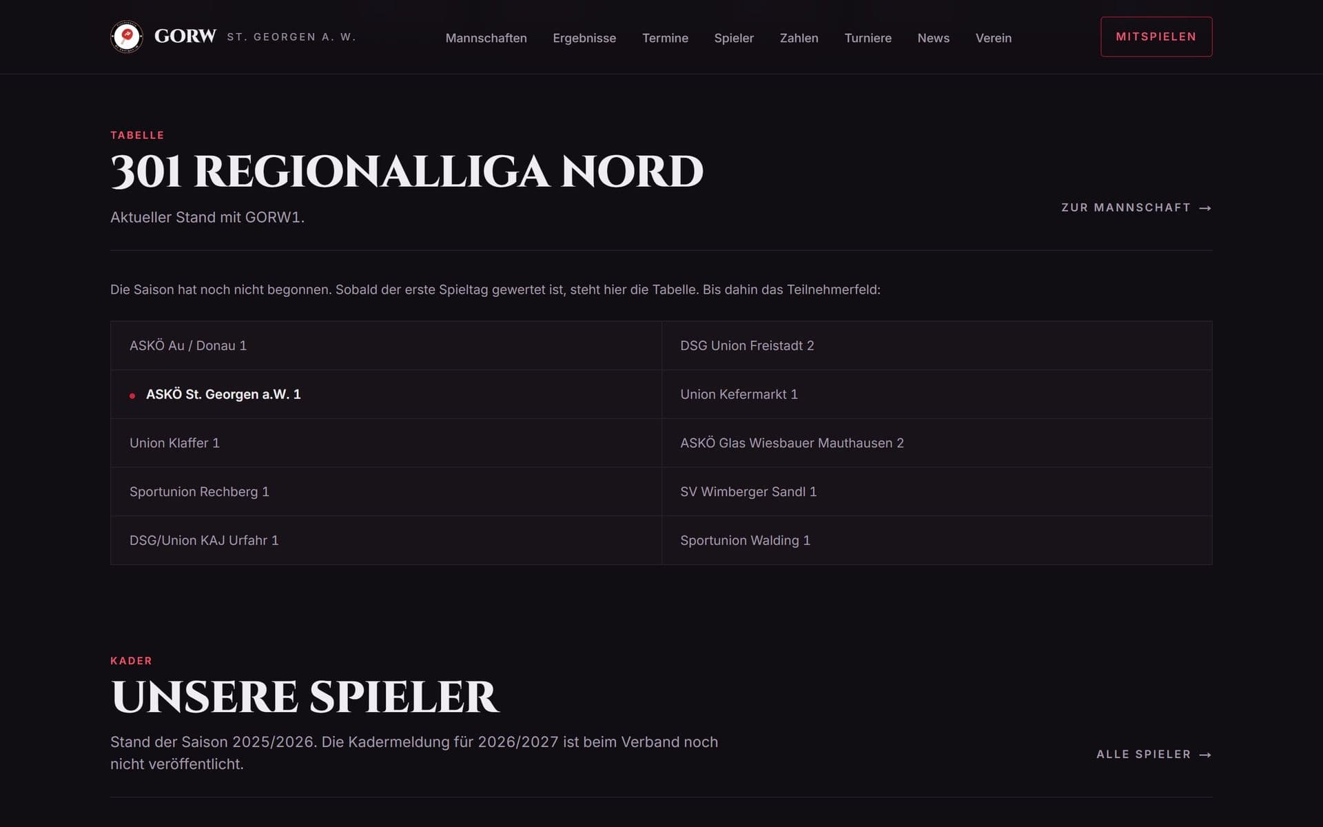 Tabelle der Regionalliga Nord und Spielerübersicht.