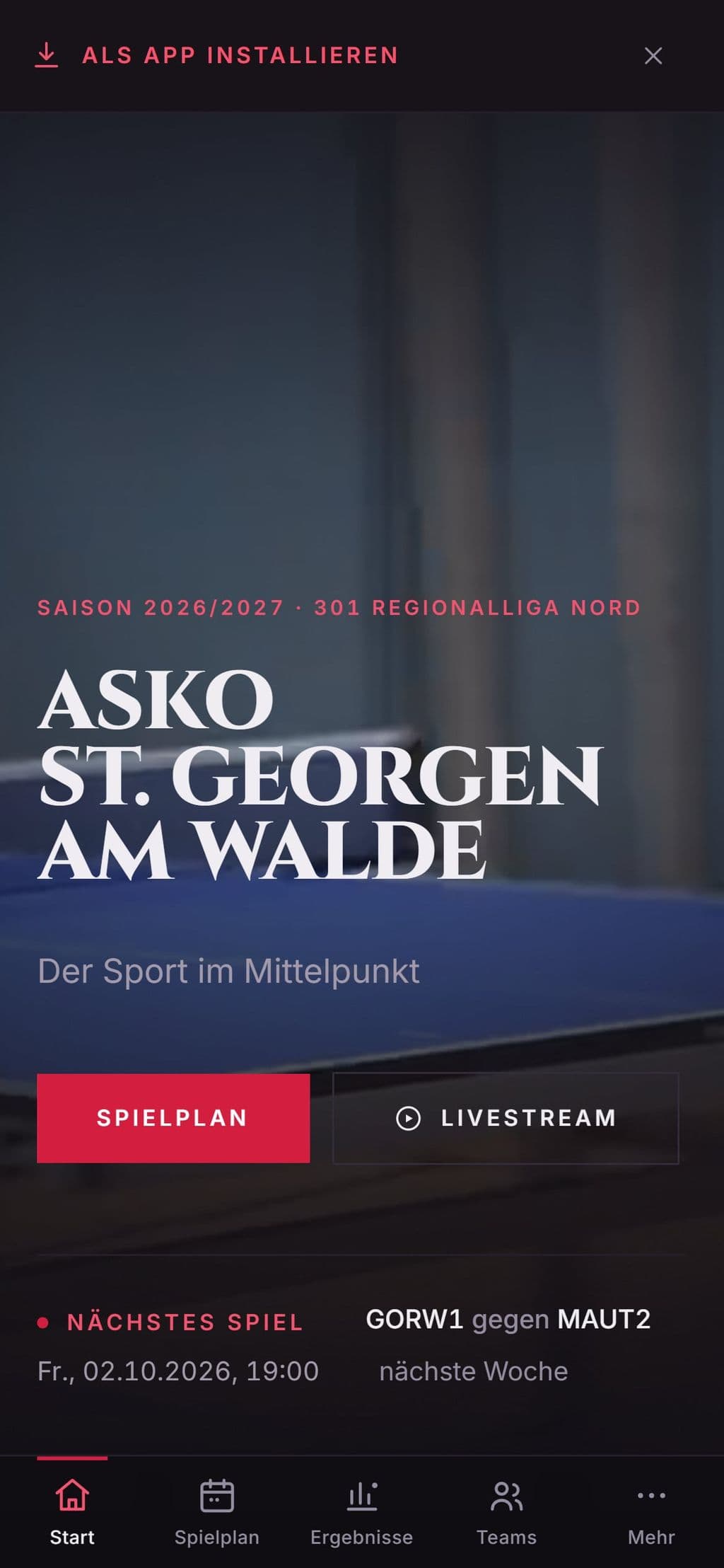 gorw.club am Handy: Einstieg mit Spielplan und Livestream.