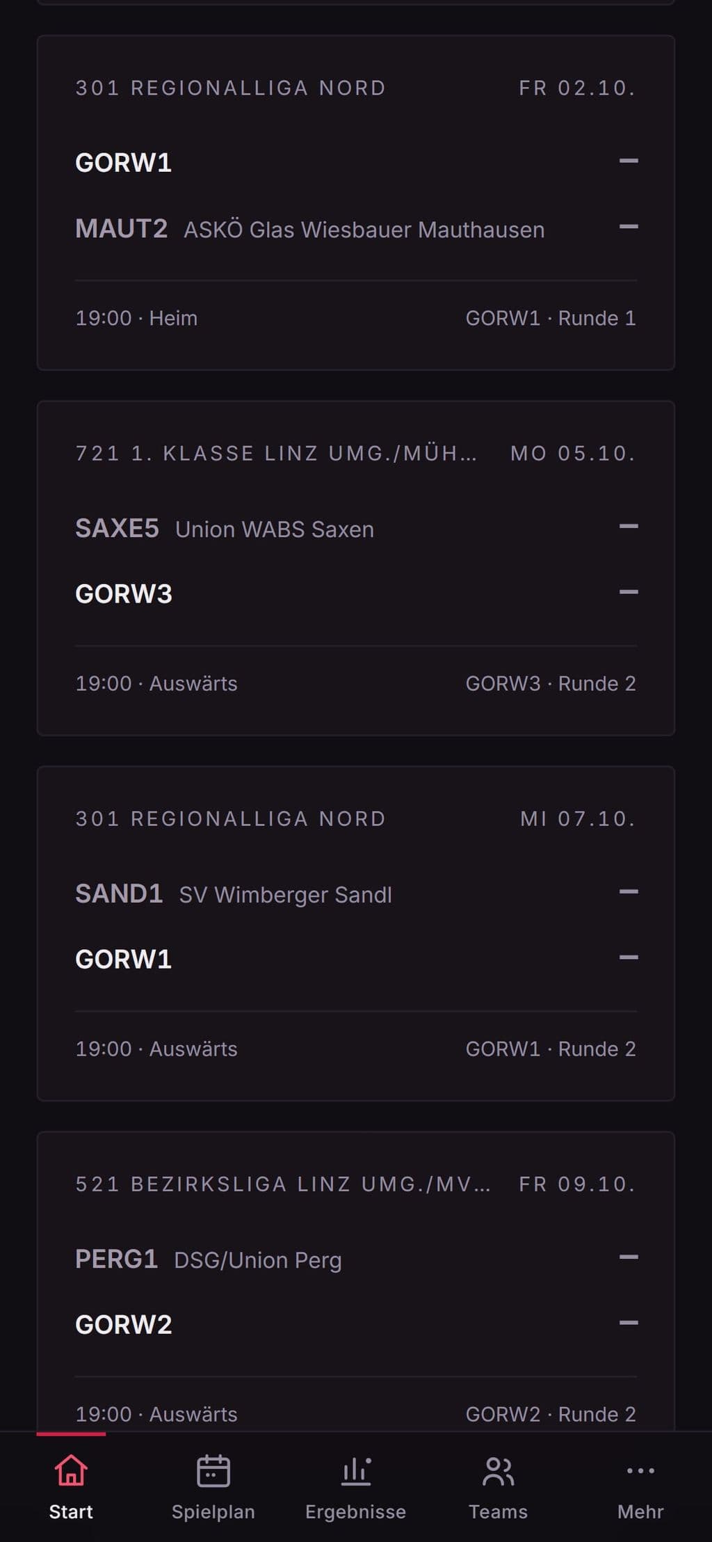 gorw.club am Handy: die nächsten Spiele aller Mannschaften.