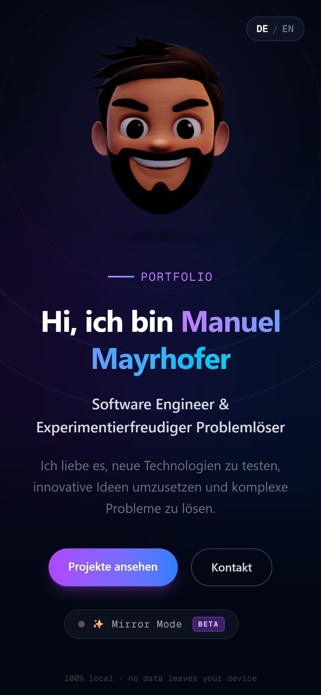 Das Portfolio am Handy: Avatar und Begrüßung.