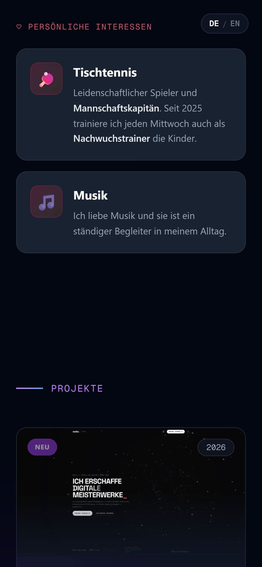 Das Portfolio am Handy: Interessen, Tischtennis und Musik.