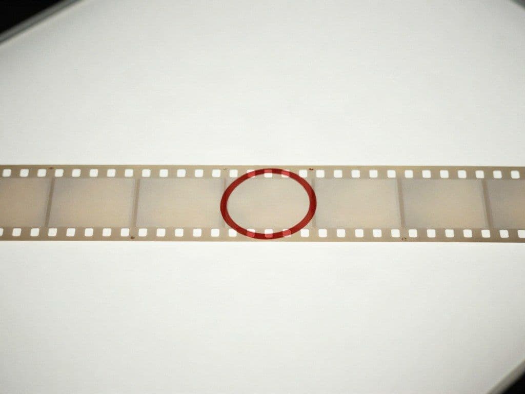 Ein Filmstreifen auf dem Leuchttisch, ein Bild rot eingekreist.