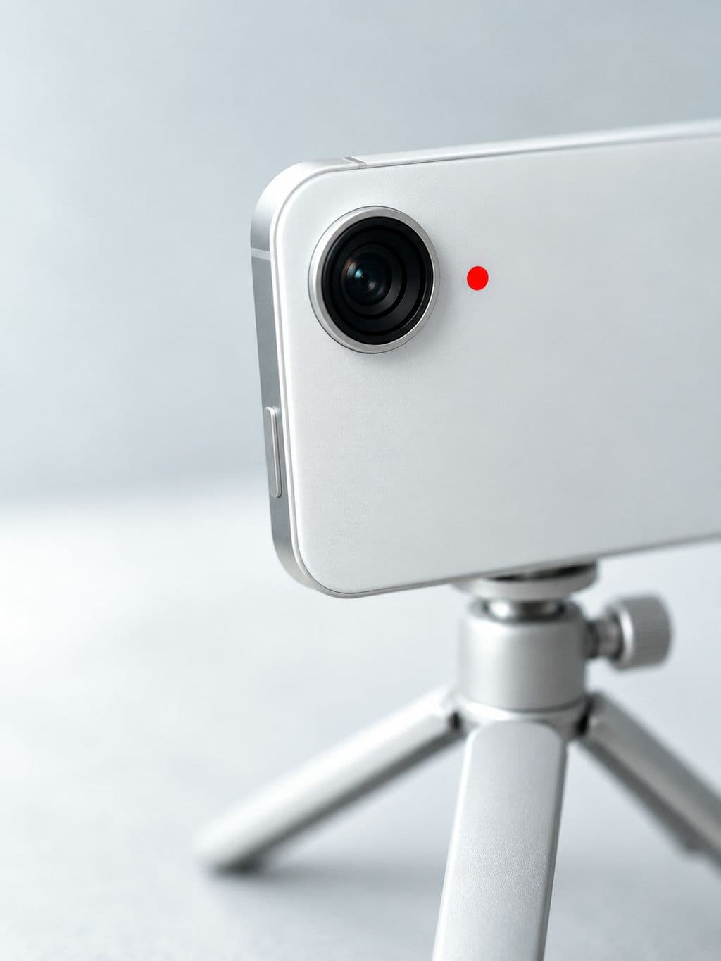 Ein weißes Smartphone auf einem kleinen Stativ, neben der Kamera leuchtet ein roter Aufnahmepunkt.